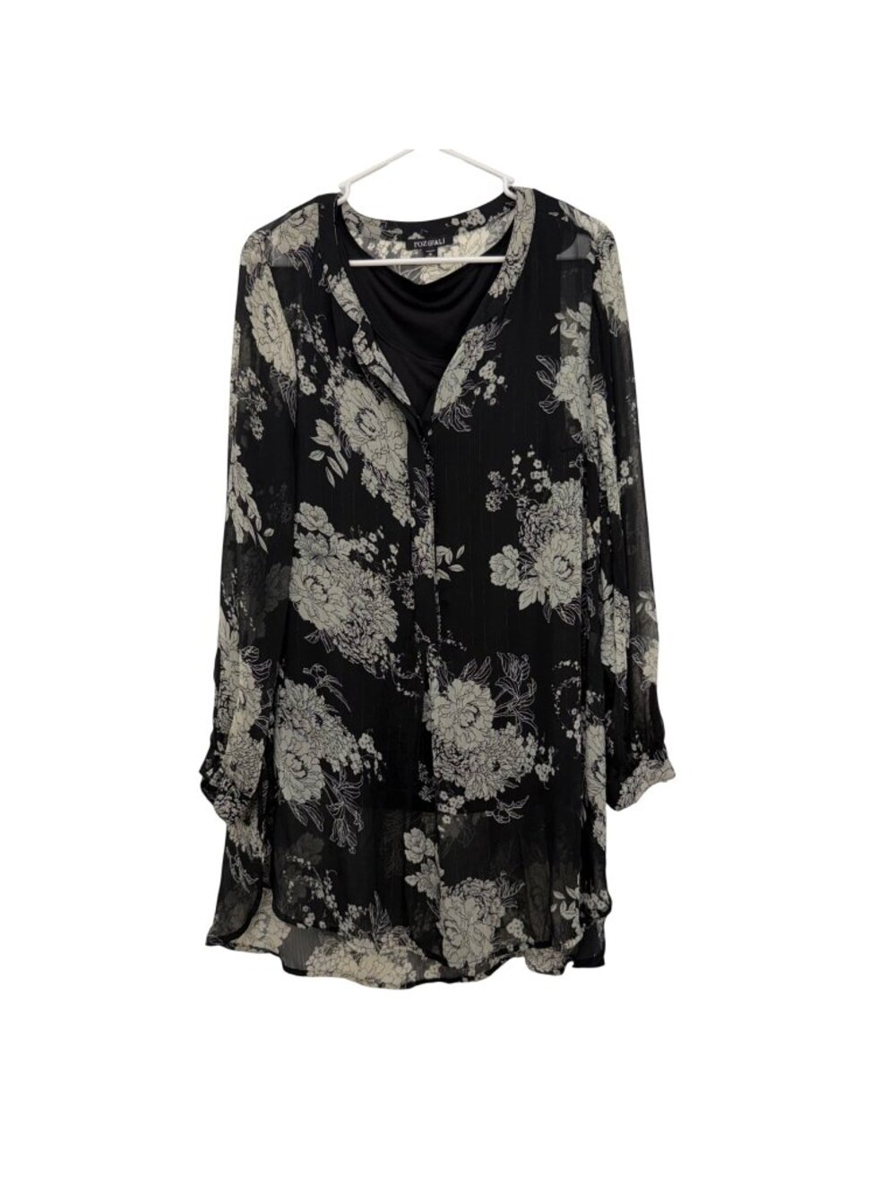 Roz & Ali Black Floral Metalic Sheer Tunic Blouse W/ Lined Tank Top Woman SZ 1X